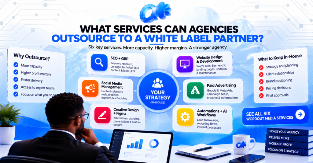 Wheel of six services an agency can outsource to a white label partner, with strategy kept at the center