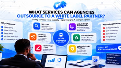 Wheel of six services an agency can outsource to a white label partner, with strategy kept at the center