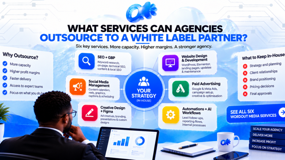 Wheel of six services an agency can outsource to a white label partner, with strategy kept at the center
