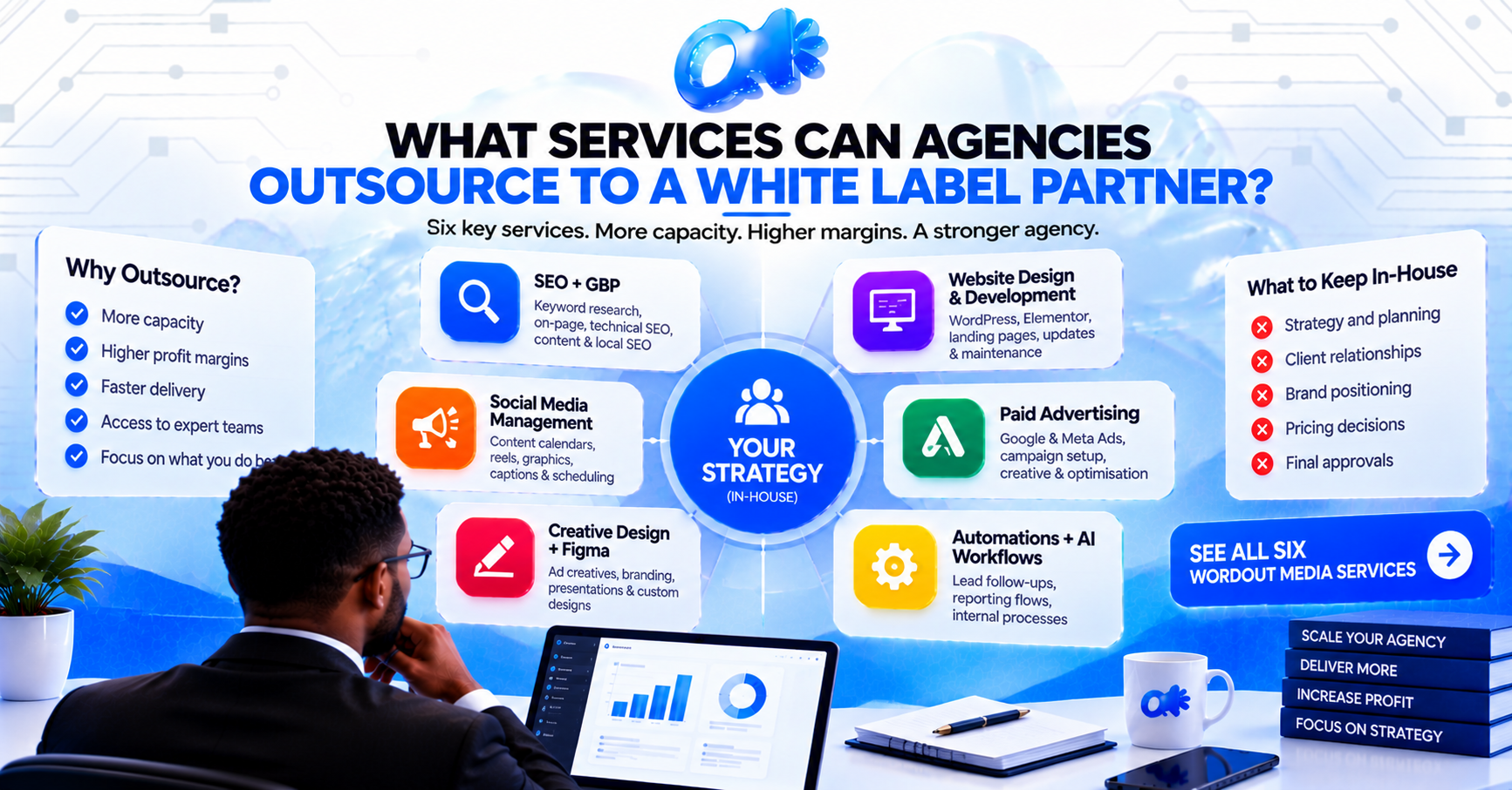 Wheel of six services an agency can outsource to a white label partner, with strategy kept at the center