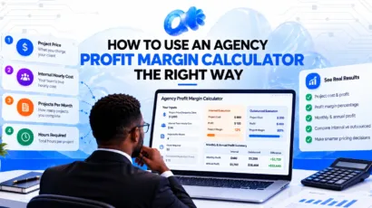Agency owner entering project price, hours and hourly cost into a profit margin calculator