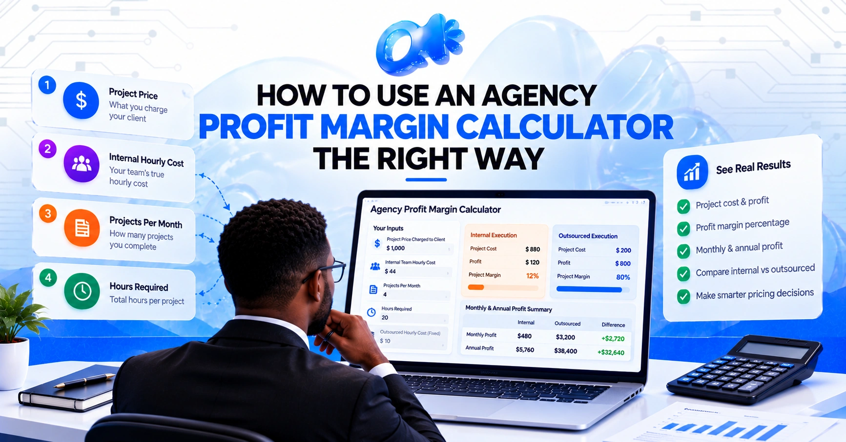 Agency owner entering project price, hours and hourly cost into a profit margin calculator