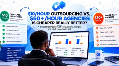 Side-by-side comparison of a $10 per hour and a $50 per hour white label agency with margin calculations